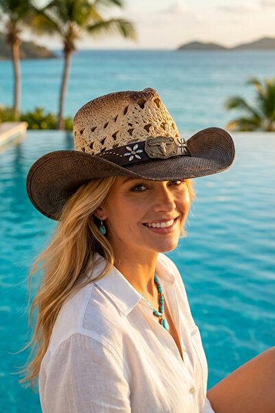 LAGRANZE Γυναικείο ψάθινο καπέλο καουμπόι – Καλοκαιρινό καπέλο δυτικού στυλ μ...