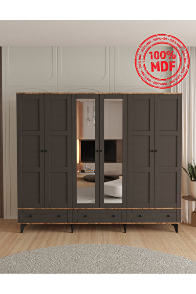 Teen & Bright TOPRAK 6 KAPAKLI ÇEKMECELİ GARDIROP - TAMAMI MDF