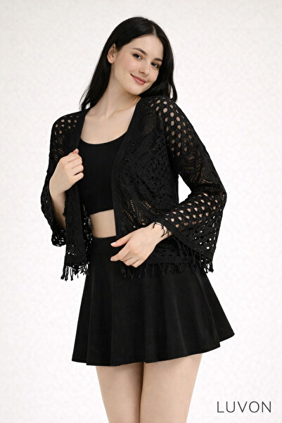 LUVON Μαύρη ισπανική ζακέτα με φούντες και διάτρητο σχέδιο, εποχιακή γυναικεί...