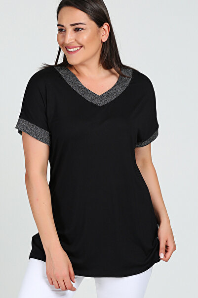 Curvy Trend Μπλούζα με κοντό μανίκι και γιακά με γκλίτερ σε μεγάλο μέγεθος