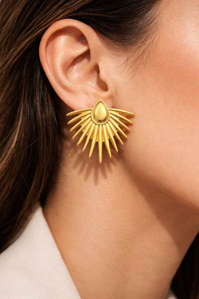POYASE Gold Color Sunlight Design Earrings 4 cm Large Size Light Yellow Gloss...