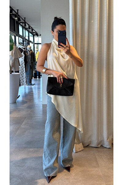 My Blog Εκρού Σατέν Μπλούζα με Ανοιχτή Πλάτη και Λαιμόκοψη Degaje - 103296