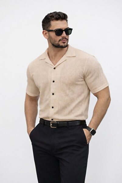PULT New Men's Short-Sleeved Summer 100% Cotton Textured Lapel Shirt Slim Fit...