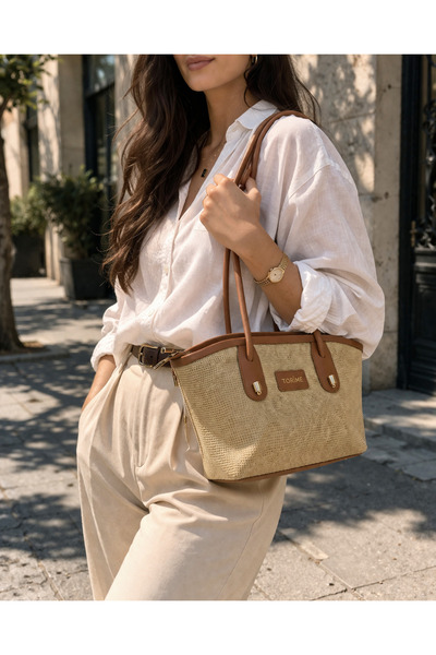 Women's Wicker Shoulder Bag Tan Leather Detailed Zipper Casual Stylish Hand and Shoulder Bag