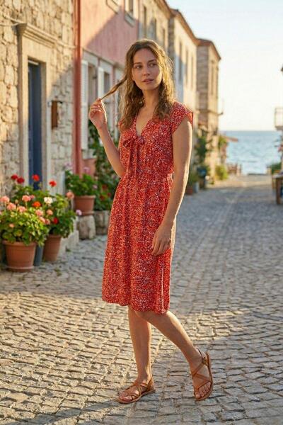 Mossta Κόκκινο φλοράλ υφαντό μακρύ φόρεμα από βισκόζη για καθημερινή χρήση