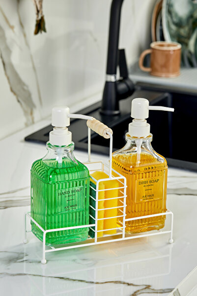 ALİNA HOME Filo White Metal Stand Set of 2 Liquid Soap Dispensers - with Cont...