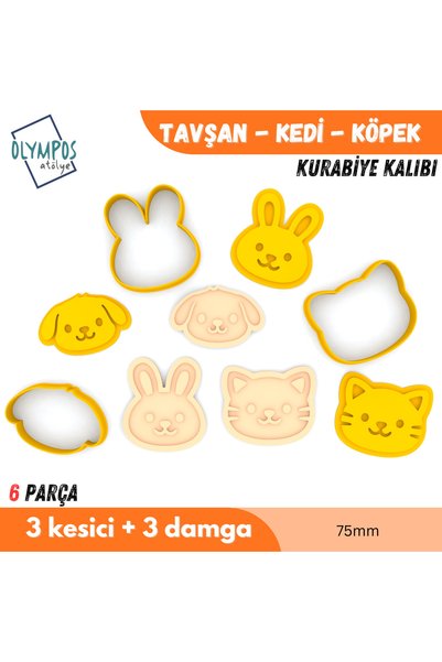 Olympos Atölye Rabbit - Cat - Dog 75mm |   Cookies - Sugar Dough - Play Dough Mold Set