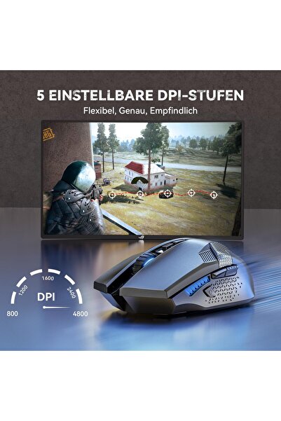 TECKNET Mouse Gaming Wireless 2.4 GHz 8 Butoane 4800 DPI Ergonomică – Negru