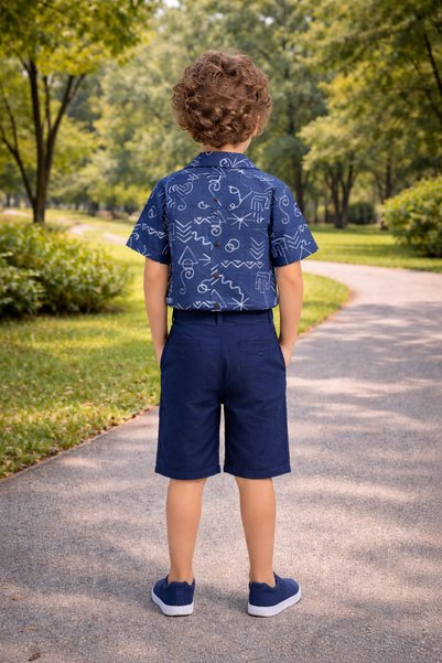 Yalçınoğlu Kids Summer Boy's Linen Shirt and Shorts Combination 5-8 Years Old I Summer Comfortable Patterned Set