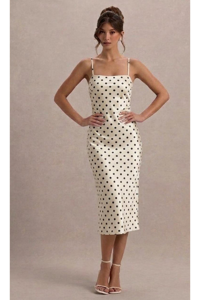 AFR CLOTHES ΓΥΝΑΙΚΕΙΟ Φόρεμα Μίντι από Σατέν με Λεπτές Τιράντες και Πουά - Λε...