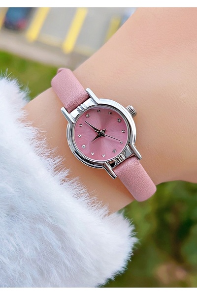 Weluxa Silver Color Case Pink Leather Cord Women Wrist Watch