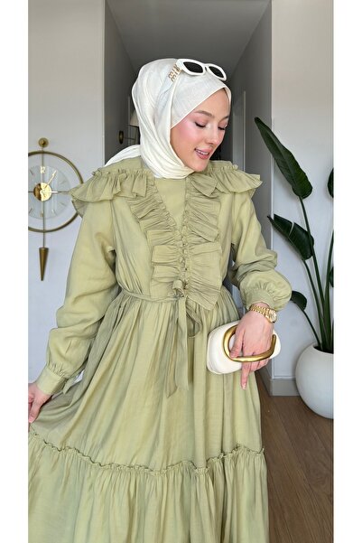 merve ada design Vual Kumaş Fırfır Yaka Detaylı Tesettür Elbise İNCE ASTARLI