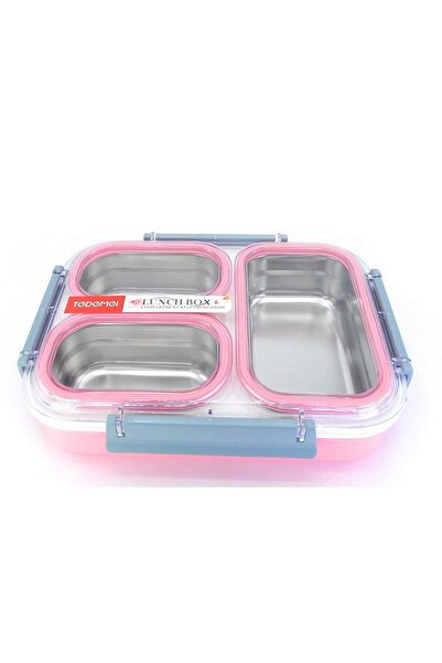3 Bölmeli Paslanmaz Çelik Sızdırmaz Saklama Kabı Beslenme Kabı 1,2 Lt. Pembe