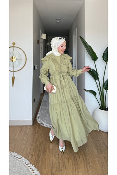 merve ada design Vual Kumaş Fırfır Yaka Detaylı Tesettür Elbise İNCE ASTARLI