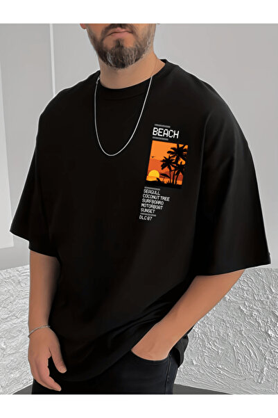 one button Μπλουζάκι Bay Beach με κάθετη στάμπα, Premium Oversize