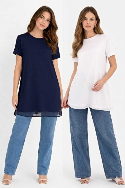 Puane Tunica de damă, ALBASTRU ÎNCHIS - ECRU, cu jumătate de mânecă și detali...