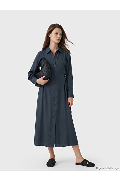 LC Waikiki NEVAVM Φόρεμα πουκάμισο LCW Modest Grey με δεμένη μέση και μείγμα ...