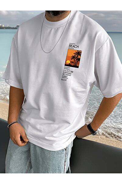 one button Μπλουζάκι Bay Beach με κάθετη στάμπα, Premium Oversize