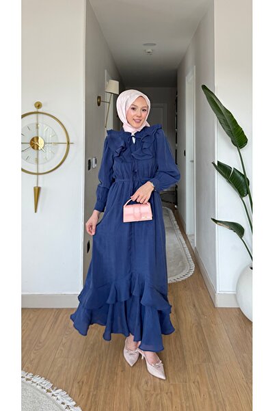 merve ada design Kadın Volan Yaka Detaylı Vual Kumaş Tesettür Elbise İNCE ASTARLI