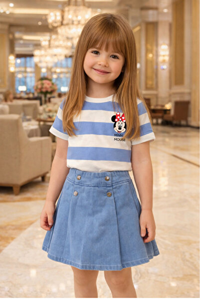 CALİSA Κοριτσίστικο μπλουζάκι με στάμπα χαρακτήρων και ρίγες και τζιν σορτς-φ...