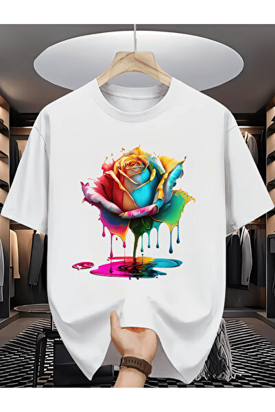 one button Tricou oversize premium cu imprimeu trandafiri colorați pentru băr...