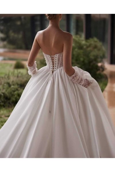 TuZeGiyim Pool Collar Strapless Bodice Underwire Size Lace Skirt Satin Half Princess Design Wedding Dress