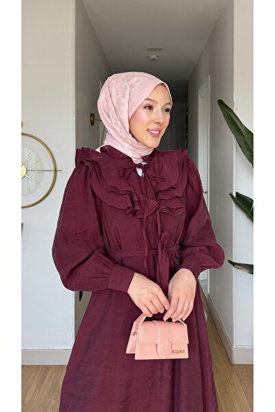 merve ada design Kadın Volan Yaka Detaylı Vual Kumaş Tesettür Elbise İNCE ASTARLI