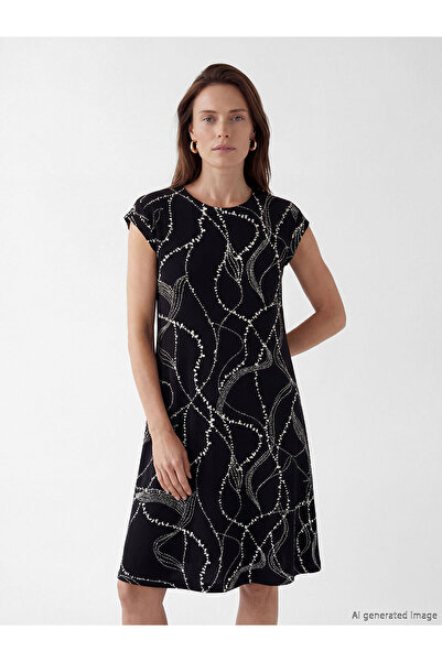 LC Waikiki Lcw Grace Black Oval Neckline Patterned A-Line Dress with Nevavm D...