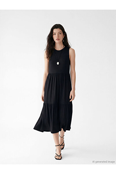 LC Waikiki Nevavm Lcw Comfort Black Oval Collar Layered Dress with a Differen...