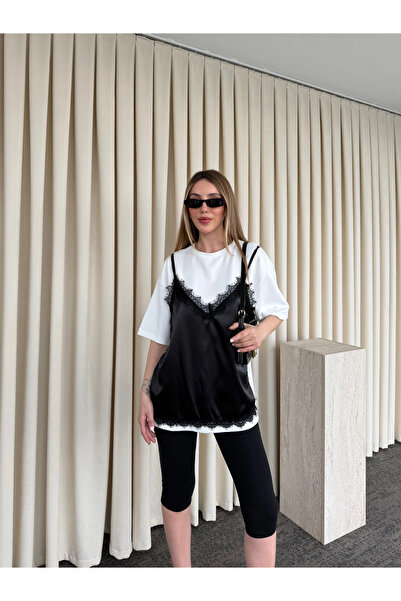 Laluvia Εκρού Σατέν Δαντελωτή Μπλούζα - 1084