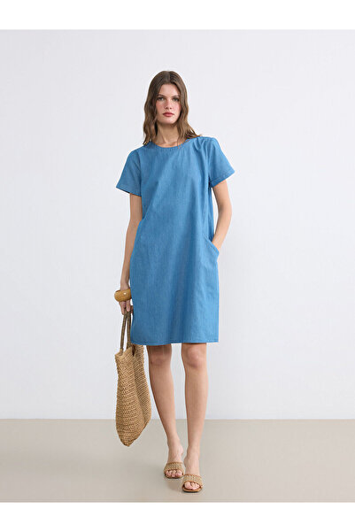 LC Waikiki Lcw Everyday Blue Oval Neck Mini Jean Dress with Nevavm Difference...