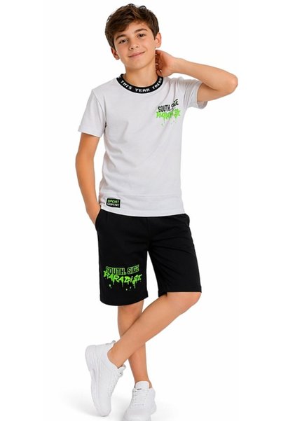 İrem Çocuk Giyim Boy's Paradise Text Patterned T-Shirt and Shorts Gray Color Set