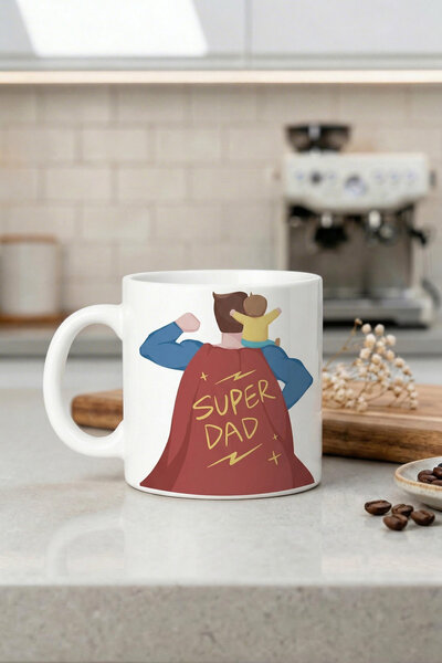 DeseneBak Babaya Özel Super Dad Yazılı Kupa Bardak - Komik Tasarım Baskılı Se...