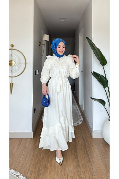 merve ada design Kadın Volan Yaka Detaylı Vual Kumaş Tesettür Elbise İNCE AST...