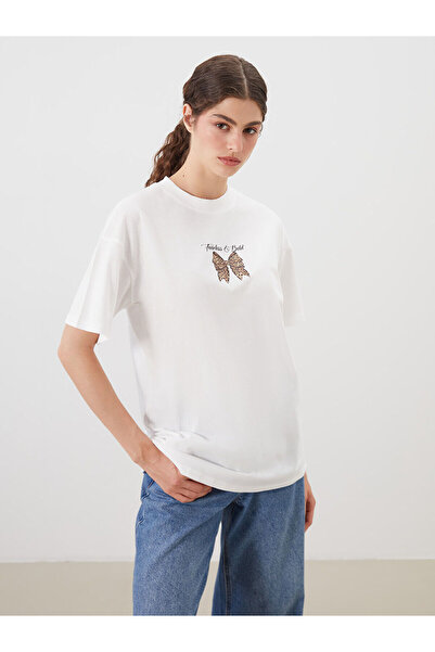 LC Waikiki Nevavm Women's T-Shirt with Oval Collar and Printed Design