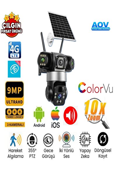 SLTECH O-KAM 302 AOV Simkartlı 9mp (3 3 3) Üç Kameralı Ultrahd 4g Güneş Enerj...