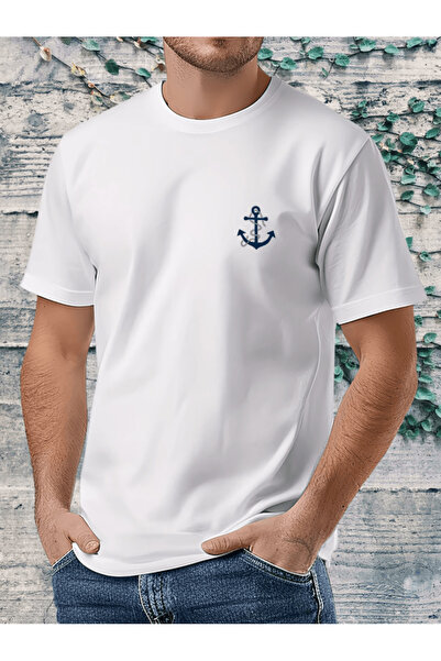one button Tricou oversize premium cu imprimeu mini cu ancoră albastră