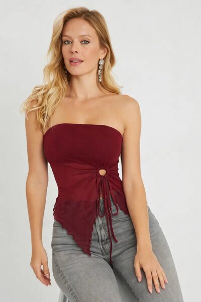 Cool & Sexy Burgundy Strapless Tulle Detailed Gathered Crop Blouse