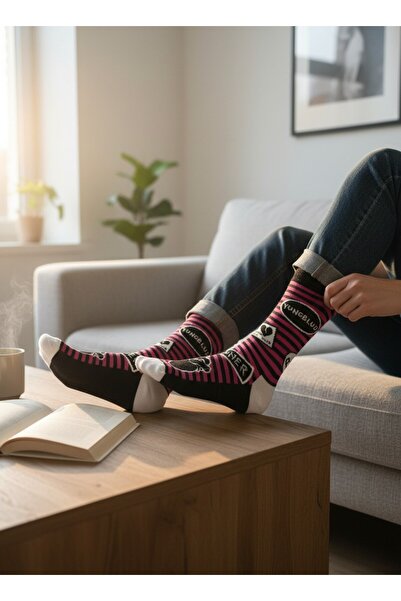 Dark Velvet Black Fuchsia Striped Slogan Patterned Unisex Socks