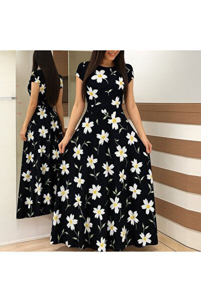 Modayakamoz Γυναικείο κοντομάνικο πλεκτό κρεπ φόρεμα με πουά μάξι