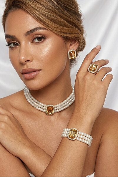 Happyline İncili bal baget taşlı gold kaplama cam inci choker kolye tasarım ş...