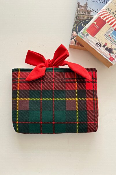 Outlet Çarşım Λινή θήκη βιβλίου με φιόγκο, πράσινη με σκωτσέζικο σχέδιο