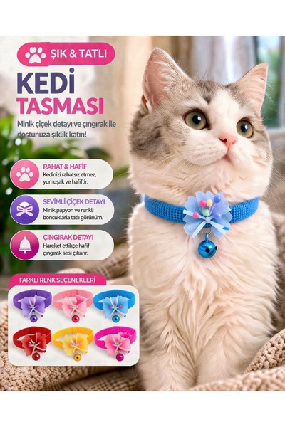HAYHAYPETSHOP Çıngıraklı Kedi Tasması Ayarlanabilir Yumuşak Boyun Tasması Çiç...