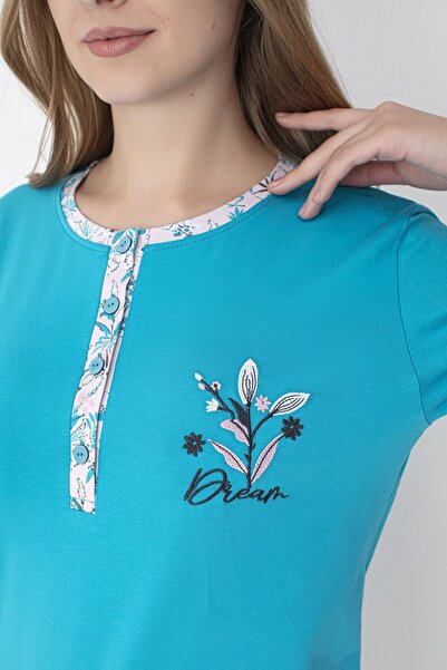 SENFONİ Turkuaz / Pembe Çiçek Desenli Uzun Kollu %100 Pamuk Pijama Takımı – Rahat ve Konforlu Ev Giyimi