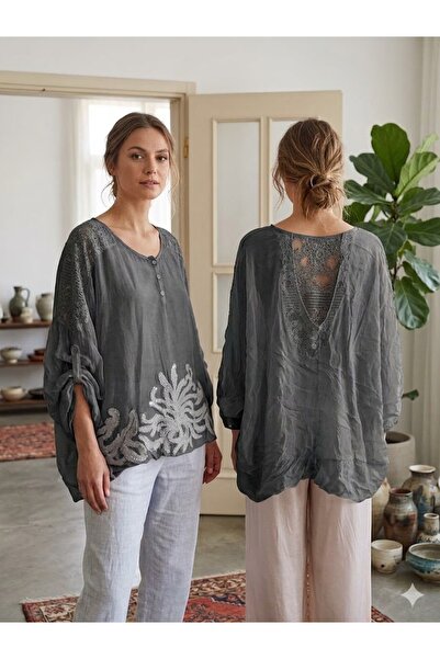 AYASOFYA OTANTIK Γυναικεία ιταλική ανθρακί έθνικ αυθεντική μπλούζα με ανάγλυφ...