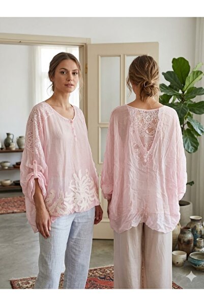 AYASOFYA OTANTIK Γυναικεία ιταλική ροζ έθνικ αυθεντική μπλούζα με ανάγλυφο σχ...