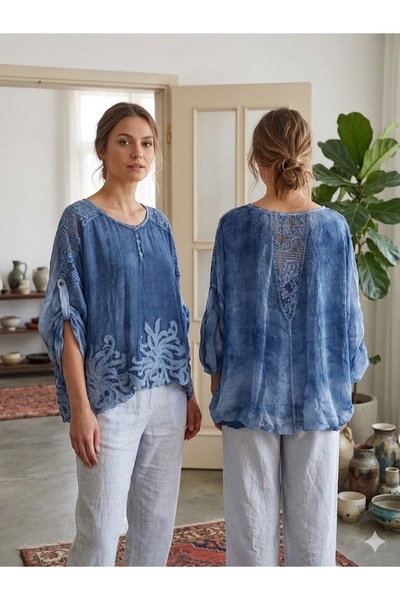 AYASOFYA OTANTIK Γυναικεία ιταλική μπλούζα από μετάξι σε μπλε ινδικό χρώμα, μ...