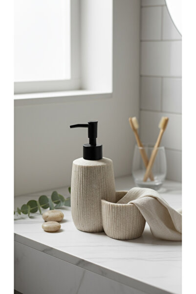 DükkanDa Polyresin Liquid Soap Dispenser & Sponge Holder Set - Modern Striped...