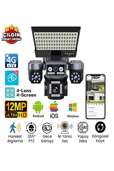 SLTECH O-KAM 334 PREMiUM 12MP 4G Sim Kartlı 3 ADET Solar Panelli Projektör La...