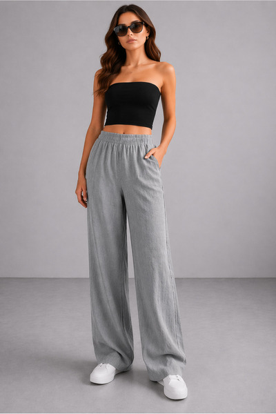LEONE KOLEKSİYON Γκρι 100% λινό γυναικείο παντελόνι με ψηλόμεσο ελαστικό και ...